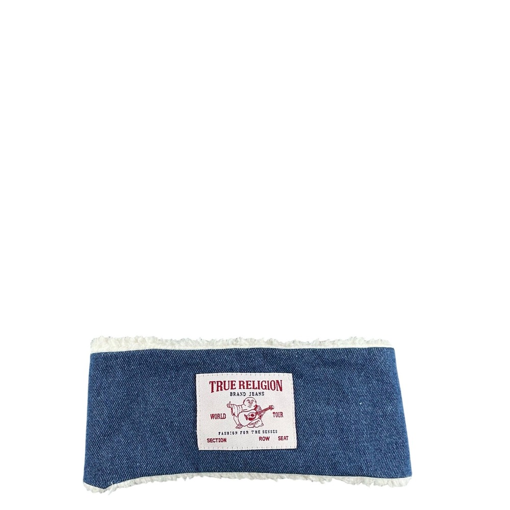True Religion Denim Faux Shearling Headband Blue Winter Ear Warmer Buddha Patch
